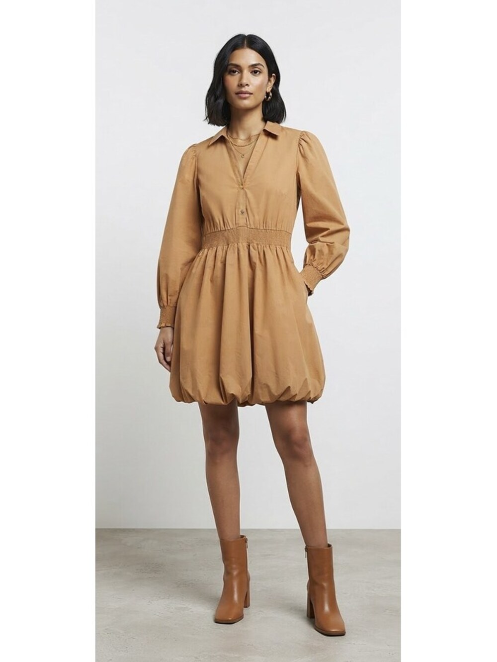 River Island Tan Long Sleeve Bubble Hem Shirt Dress - Size 10